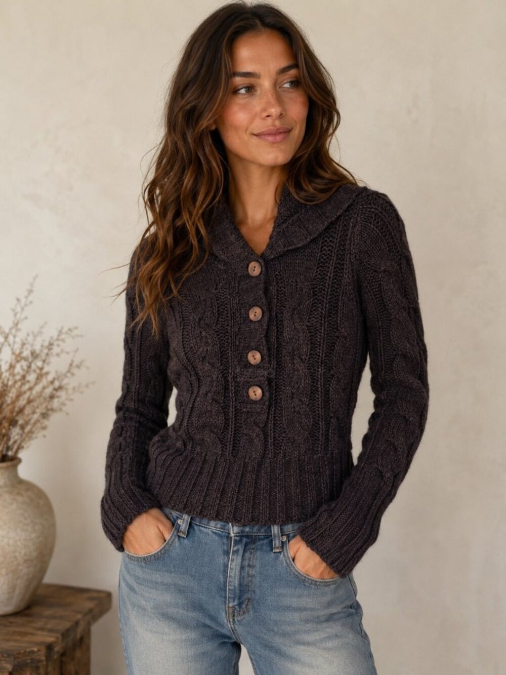 Berretti Womens Small Cable Knit Button-Up Sweater Wool Blend Brown
